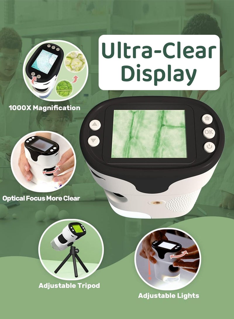 Moovant Microscope for Kids, 10PCS Portable Handheld Microscope Kit with Tripod & 6 PCS Microscope Slides,  Rechargeable 1000x HD Microscope Camera Toy, Science Education Microscope Kit with LED Display, White  - Image 2