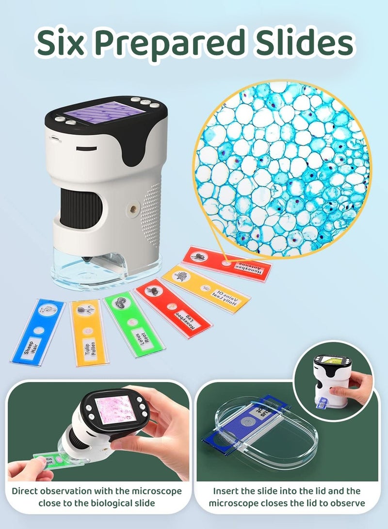 Moovant Microscope for Kids, 10PCS Portable Handheld Microscope Kit with Tripod & 6 PCS Microscope Slides,  Rechargeable 1000x HD Microscope Camera Toy, Science Education Microscope Kit with LED Display, White  - Image 4