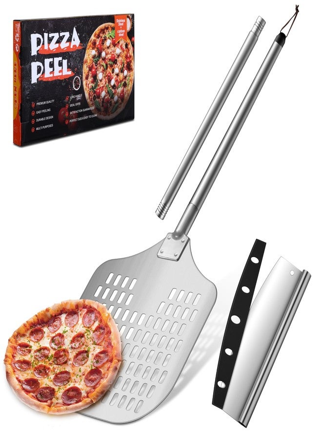 Joyfair 12 Inch Perforated Pizza Peel Aluminum Pizzas Spatula, Metal Pizza Paddle with Rocker Cutter Pizza Oven Accessories Turning Tool Set, 38.5”- 49” Long Detachable Handles (SS Handle) - Image 1