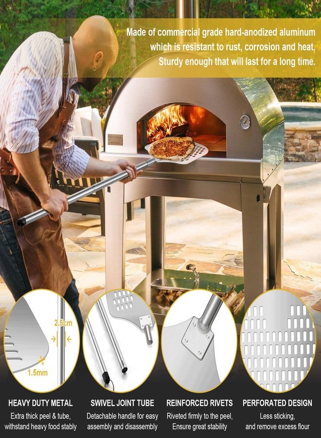 Joyfair 12 Inch Perforated Pizza Peel Aluminum Pizzas Spatula, Metal Pizza Paddle with Rocker Cutter Pizza Oven Accessories Turning Tool Set, 38.5”- 49” Long Detachable Handles (SS Handle) - Image 3