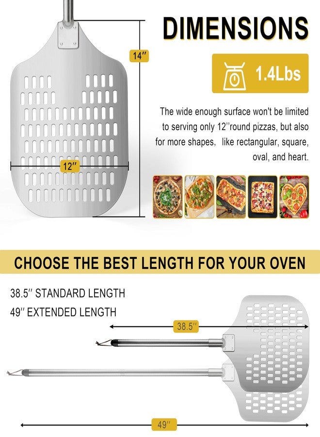 Joyfair 12 Inch Perforated Pizza Peel Aluminum Pizzas Spatula, Metal Pizza Paddle with Rocker Cutter Pizza Oven Accessories Turning Tool Set, 38.5”- 49” Long Detachable Handles (SS Handle) - Image 2