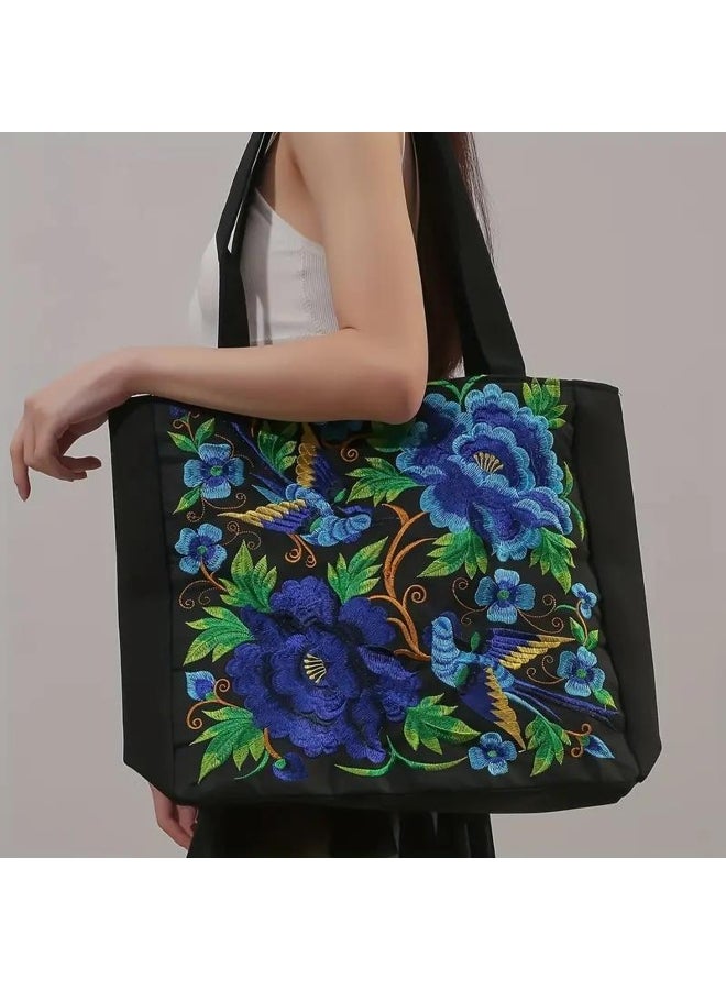 Yogodlns Flower Embroidery Canvas Tote Bag, Ethnic Style Shoulder Bag, Large Capacity Handbag For Women 