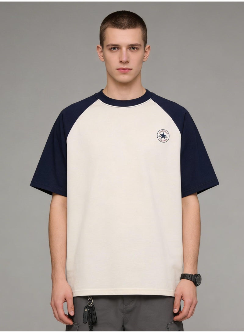 CONVERSE Style Navy & Cream Color Block Raglan T-Shirt Unisex Loose Casual Couple Short Sleeve Tee - Image 1