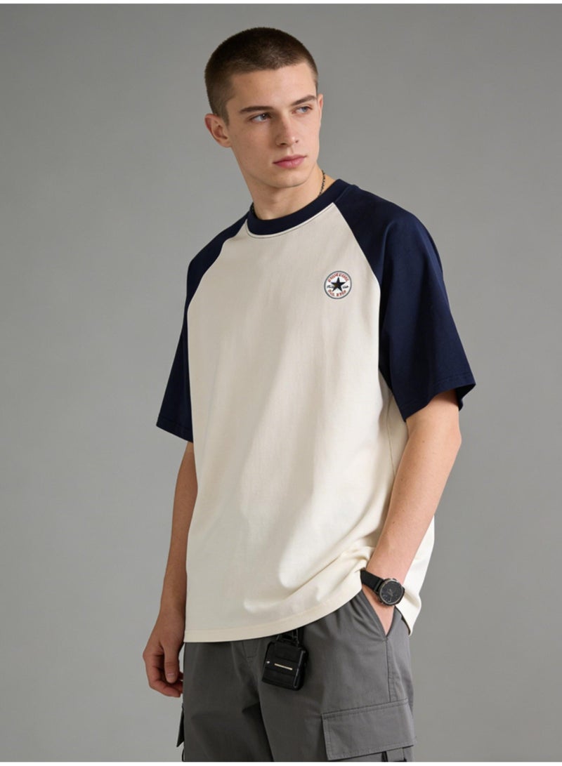 CONVERSE Style Navy & Cream Color Block Raglan T-Shirt Unisex Loose Casual Couple Short Sleeve Tee - Image 5