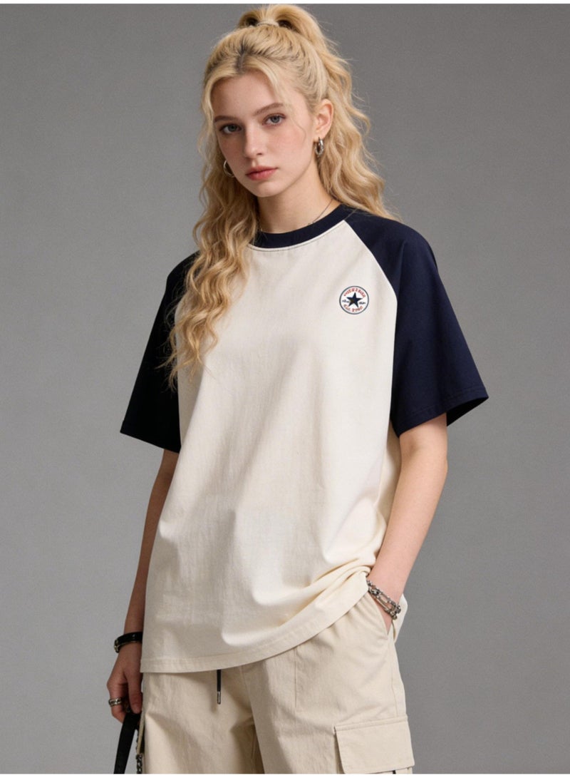 CONVERSE Style Navy & Cream Color Block Raglan T-Shirt Unisex Loose Casual Couple Short Sleeve Tee - Image 2