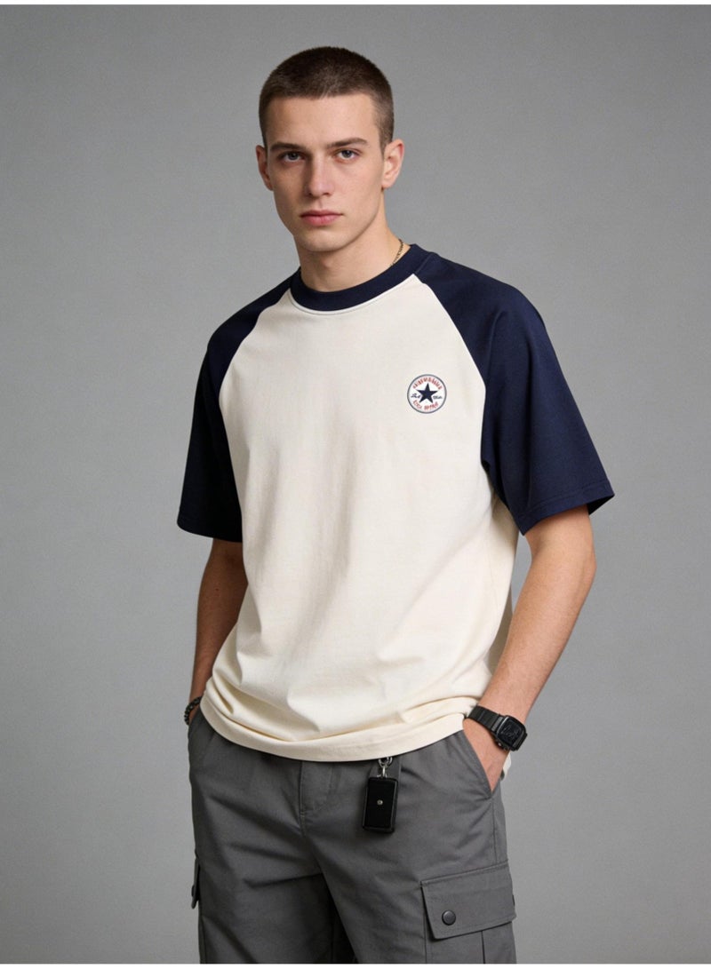 CONVERSE Style Navy & Cream Color Block Raglan T-Shirt Unisex Loose Casual Couple Short Sleeve Tee - Image 3