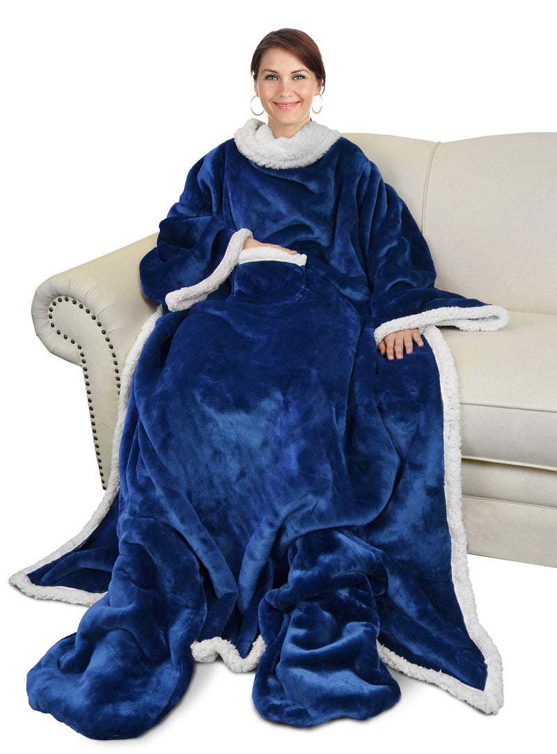 Catalonia Sherpa Wearable Blanket with Sleeves  Foot Pockets for Adult Women Men Comfy Snuggle Wrap Sleeved Throw Blanket Robe Gift Idea Blue
