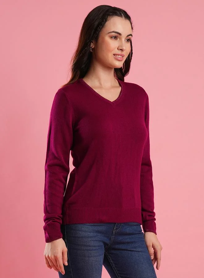 globus Women Burgundy Ribbed Hem Knitted Sweater