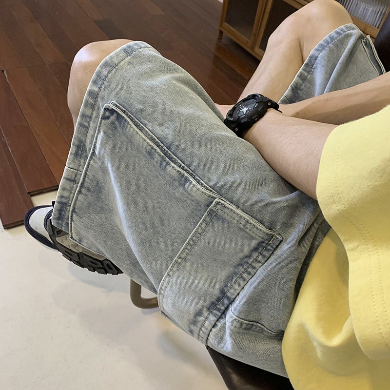 Workwear Denim shorts mens summer thin plus size wide leg shorts fashion brand washed American retro casual pants Black - Image 3
