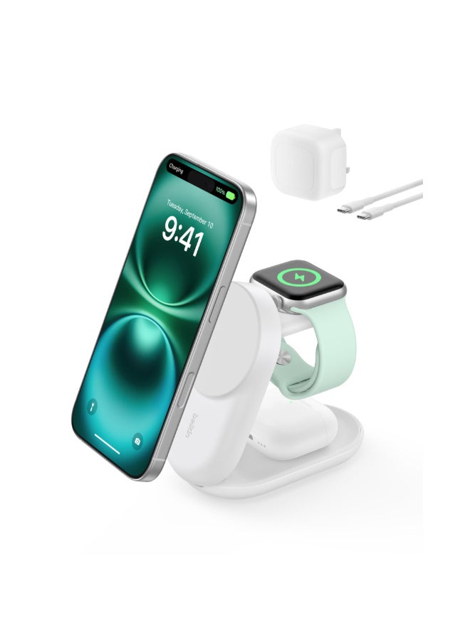 بيلكين دوك شحن لاسلكي قابل للطي UltraCharge Pro 3 في 1 مع MagSafe | شاحن سريع Qi2 بقوة 25 واط لهواتف iPhone 17/16/15/14/13، ساعة آبل و AirPods، مع مزود طاقة USB-C بقوة 45 واط وكابل - شكل دائري - Image 1