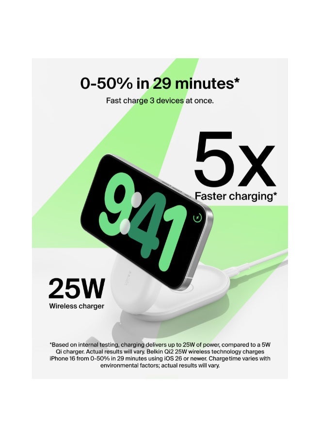 بيلكين دوك شحن لاسلكي قابل للطي UltraCharge Pro 3 في 1 مع MagSafe | شاحن سريع Qi2 بقوة 25 واط لهواتف iPhone 17/16/15/14/13، ساعة آبل و AirPods، مع مزود طاقة USB-C بقوة 45 واط وكابل - شكل دائري - Image 2