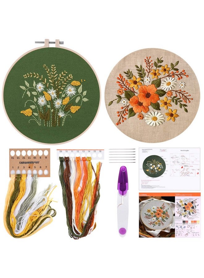 FEPITO 2 Sets Full Range Embroidery Starter Kit With Pattern And Instructions Cross Stitch Kit Includes 2 Pcs Embroidery Clothes With Floral Pattern, 1 Pcs Plastic Embroidery Hoops, 1 Pcs Scissor  - Image 1