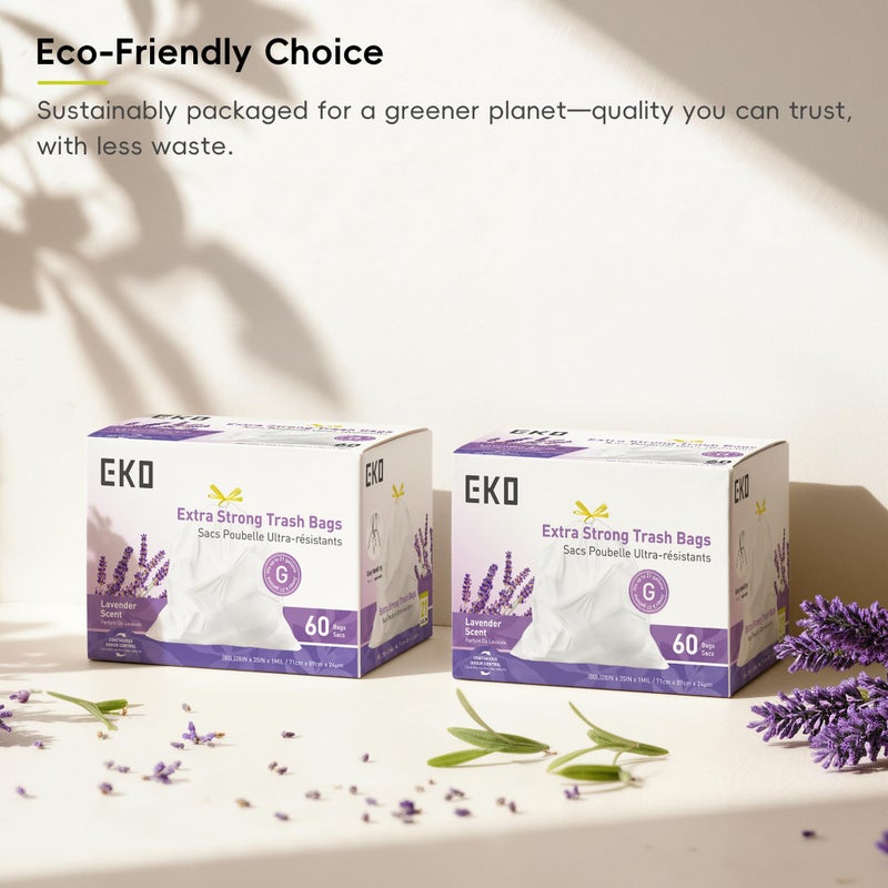 EKO 21 Gallon / 50-90 Liter, 60 Count Drawstring Trash Bags, Extra-Strong Garbage Bags, Lavender Scent with Continuous Odor Control, Easy-Dispense Roll for Kitchen and Household Use, Code G, White - Image 5