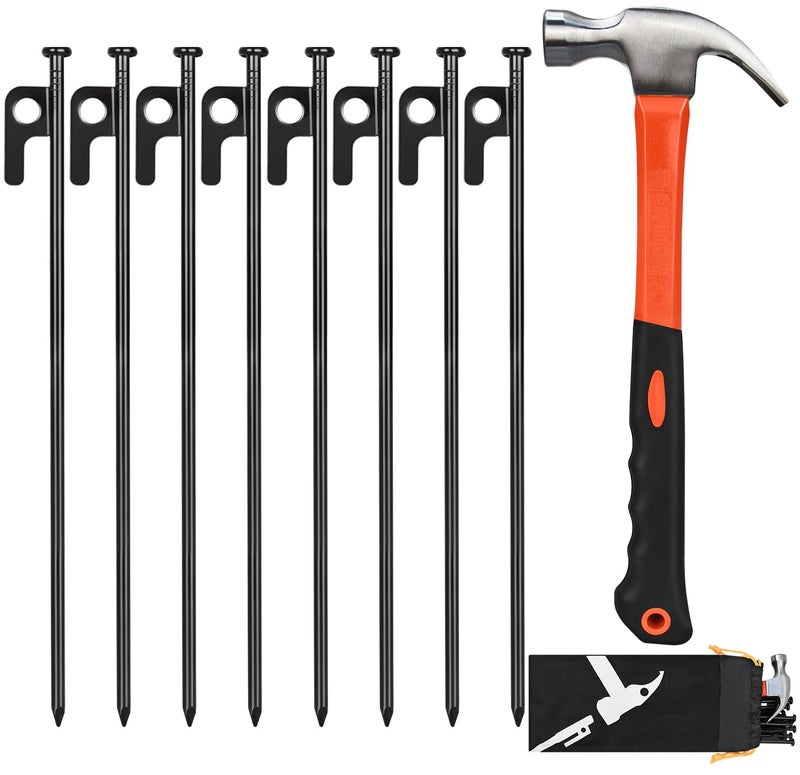 LFSEMINI Tent Stakes And Hammer Set, 8 Pack 12In Heavy Duty Forged Steel Tent Stakes + 11In Camping Hammer + Storage Pouch, Available In Rocky Place - Image 1