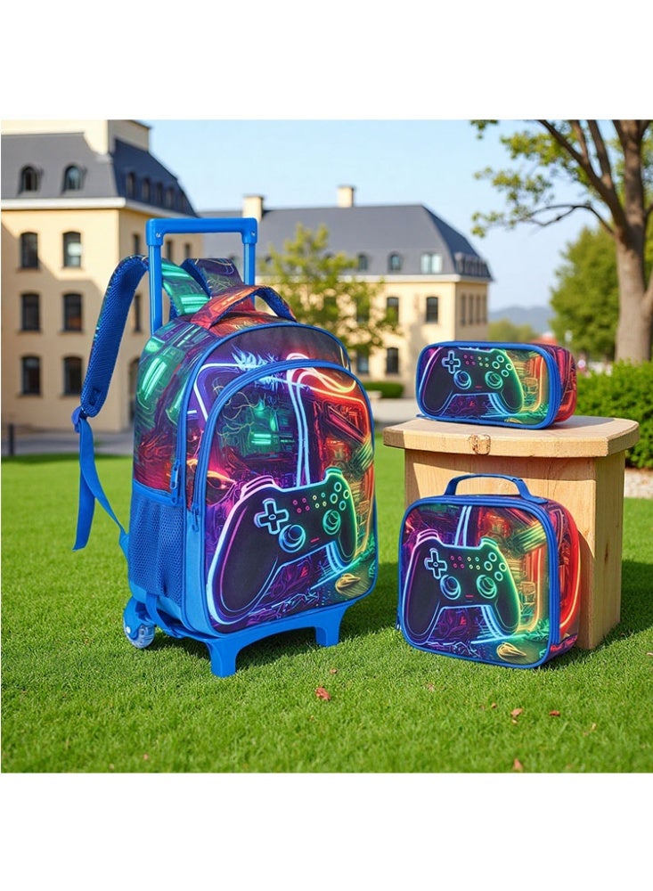 JCB CHIC مجموعة من 3 قطع حقيبة ظهر متدحرجة للأطفال، حقيبة كرتونية لطيفة ذات عجلتين مع صندوق غداء وحقيبة أقلام، حقيبة سفر متعددة الجيوب للأطفال، حقيبة يد للأطفال الصغار في المرحلة الابتدائية - Image 5