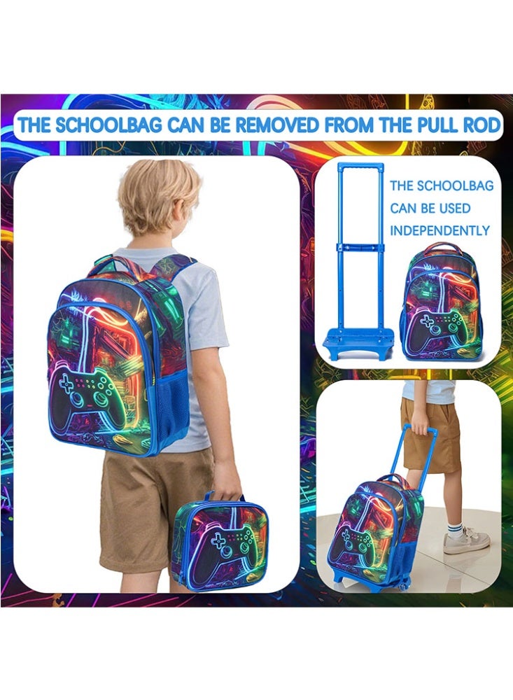 JCB CHIC مجموعة من 3 قطع حقيبة ظهر متدحرجة للأطفال، حقيبة كرتونية لطيفة ذات عجلتين مع صندوق غداء وحقيبة أقلام، حقيبة سفر متعددة الجيوب للأطفال، حقيبة يد للأطفال الصغار في المرحلة الابتدائية - Image 3