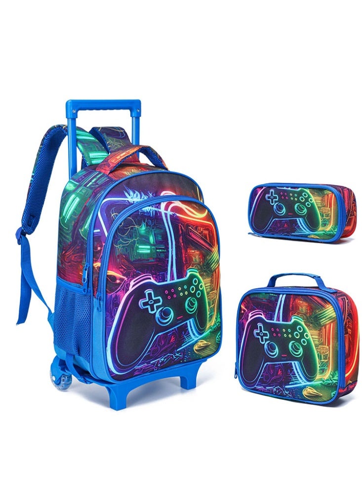 JCB CHIC مجموعة من 3 قطع حقيبة ظهر متدحرجة للأطفال، حقيبة كرتونية لطيفة ذات عجلتين مع صندوق غداء وحقيبة أقلام، حقيبة سفر متعددة الجيوب للأطفال، حقيبة يد للأطفال الصغار في المرحلة الابتدائية - Image 1