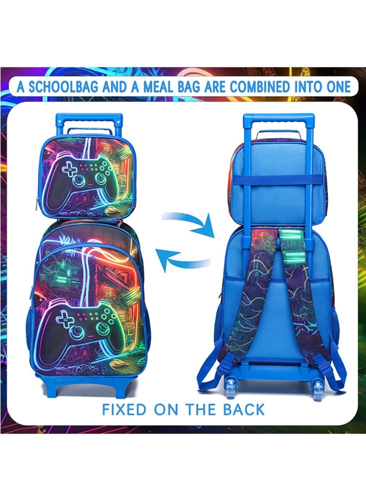 JCB CHIC مجموعة من 3 قطع حقيبة ظهر متدحرجة للأطفال، حقيبة كرتونية لطيفة ذات عجلتين مع صندوق غداء وحقيبة أقلام، حقيبة سفر متعددة الجيوب للأطفال، حقيبة يد للأطفال الصغار في المرحلة الابتدائية - Image 4