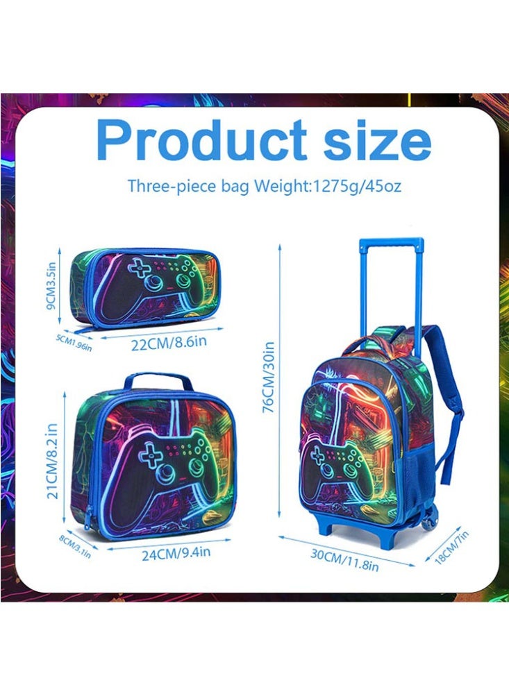 JCB CHIC مجموعة من 3 قطع حقيبة ظهر متدحرجة للأطفال، حقيبة كرتونية لطيفة ذات عجلتين مع صندوق غداء وحقيبة أقلام، حقيبة سفر متعددة الجيوب للأطفال، حقيبة يد للأطفال الصغار في المرحلة الابتدائية - Image 2