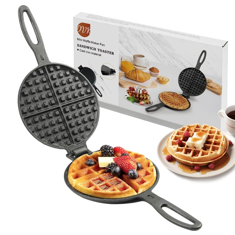 DVK 7 Inch Round Cast Iron Waffle Iron Plant Oil Care Two Piece Hinged Non Electric Waffle Maker for Indoor and Outdoor Picnics - Image 1