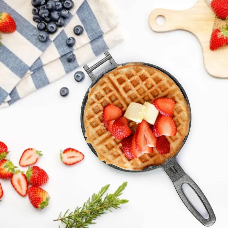 DVK 7 Inch Round Cast Iron Waffle Iron Plant Oil Care Two Piece Hinged Non Electric Waffle Maker for Indoor and Outdoor Picnics - Image 3