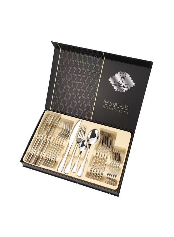 High-quality stainless steel cutlery 24-piece set natural color home hotel western restaurant gift box - table knife * 6 table fork * 6 table spoon * 6 tea spoon * 6 - Image 1
