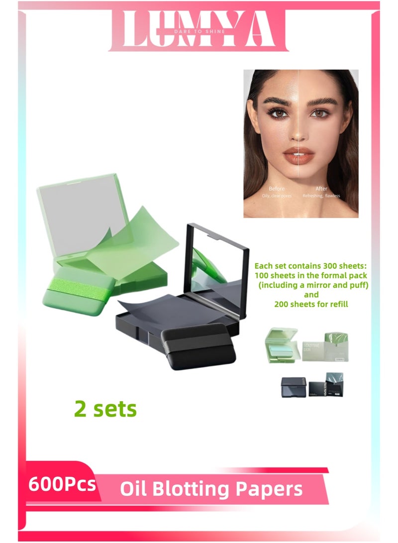 LUMYA Green Tea Oil Blotting Sheets 300 Sheets and Bamboo Charcoal Oil Blotting Sheets 300 Sheets (Total 600 Sheets), Includes Travel Makeup Mirror and Puff, Absorbs Excess Face Oil, Controls Shine, Gentle for Makeup Use, Oil Absorbing Sheets for Face, Makeup Friendly - Image 1