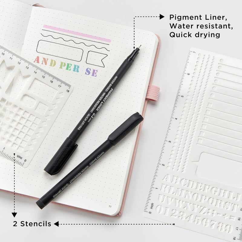 &And Per Se ⩓ Per Se Dotted Journal Kit, 176 Numbered Pages, A5 Leather Hardcover Dotted Notebook with Stencils & Fineliner Pen (Lavender) - Image 5