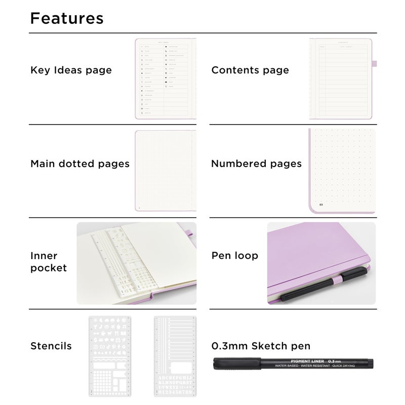 &And Per Se ⩓ Per Se Dotted Journal Kit, 176 Numbered Pages, A5 Leather Hardcover Dotted Notebook with Stencils & Fineliner Pen (Lavender) - Image 4