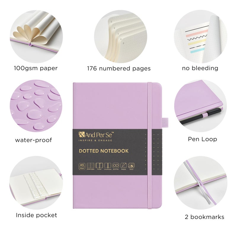 &And Per Se ⩓ Per Se Dotted Journal Kit, 176 Numbered Pages, A5 Leather Hardcover Dotted Notebook with Stencils & Fineliner Pen (Lavender) - Image 3