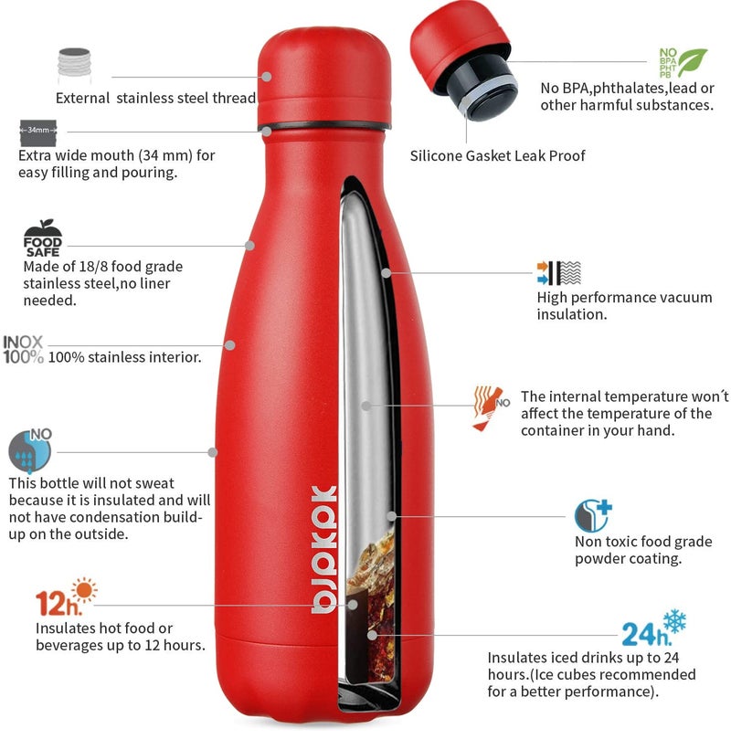 BJPKPK 12oz Insulated Stainless Steel Water Bottles Metal Water Bottle for Travel Keep Cold and Hot,Red - Image 3