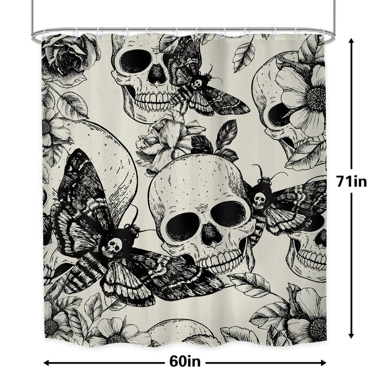 LGhtyro Gothic Skull Moth Shower Curtain Bathroom Set 60Wx71H Inches Black DeathHead Scary Skeleton Spooky Flower Mysterious Bath Accessories Retro Plant Butterfly Art Home Decor Fabric 12 Pack Hooks - Image 3