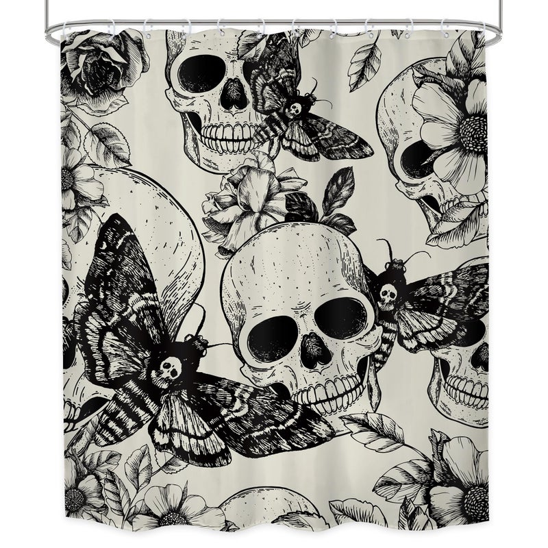 LGhtyro Gothic Skull Moth Shower Curtain Bathroom Set 60Wx71H Inches Black DeathHead Scary Skeleton Spooky Flower Mysterious Bath Accessories Retro Plant Butterfly Art Home Decor Fabric 12 Pack Hooks - Image 4