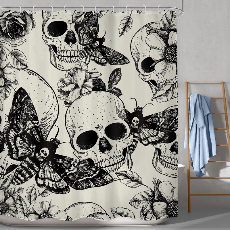 LGhtyro Gothic Skull Moth Shower Curtain Bathroom Set 60Wx71H Inches Black DeathHead Scary Skeleton Spooky Flower Mysterious Bath Accessories Retro Plant Butterfly Art Home Decor Fabric 12 Pack Hooks - Image 1