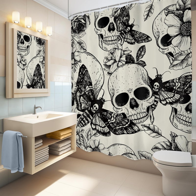 LGhtyro Gothic Skull Moth Shower Curtain Bathroom Set 60Wx71H Inches Black DeathHead Scary Skeleton Spooky Flower Mysterious Bath Accessories Retro Plant Butterfly Art Home Decor Fabric 12 Pack Hooks - Image 2