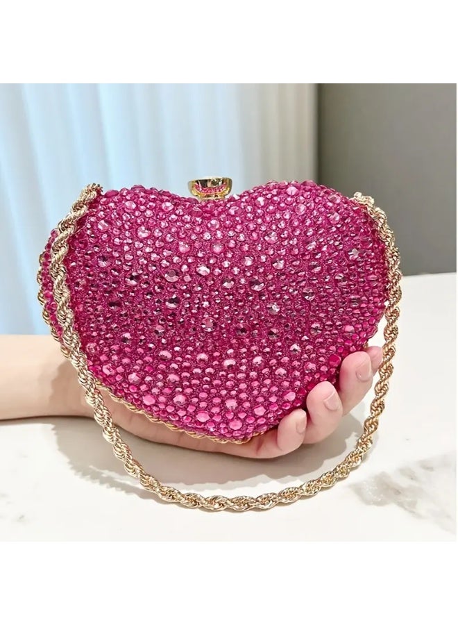 مجرد ركن جميل حقيبة يد أنيقة على شكل قلب مرصعة بالألماس مع حزام سلسلة ذهبية للمناسبات المسائية - Image 1
