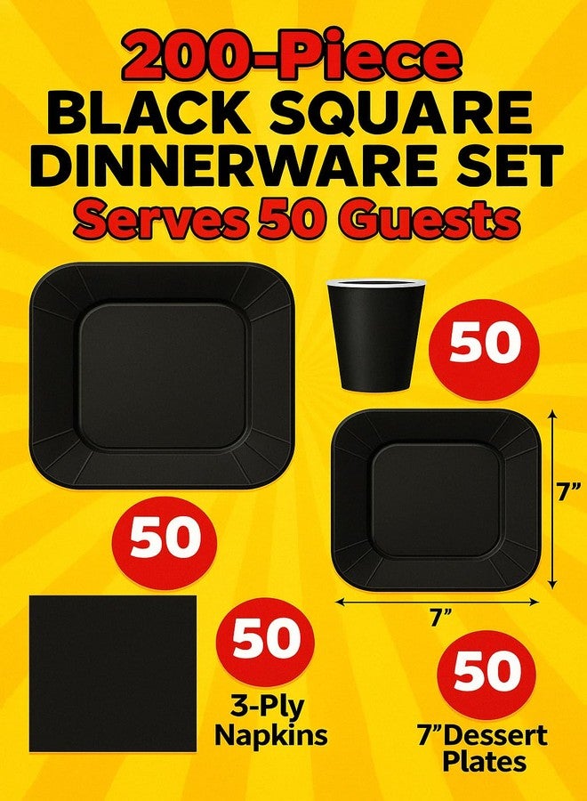 Oojami 200-Piece Black Square Dinnerware Set - Serves 50 Guests Includes 9" Dinner Plates, 7" Dessert Plates, 9oz Cups & 3-Ply Napkins Disposable Party Pack for Weddings, Birthdays, Events & Catering - Image 2