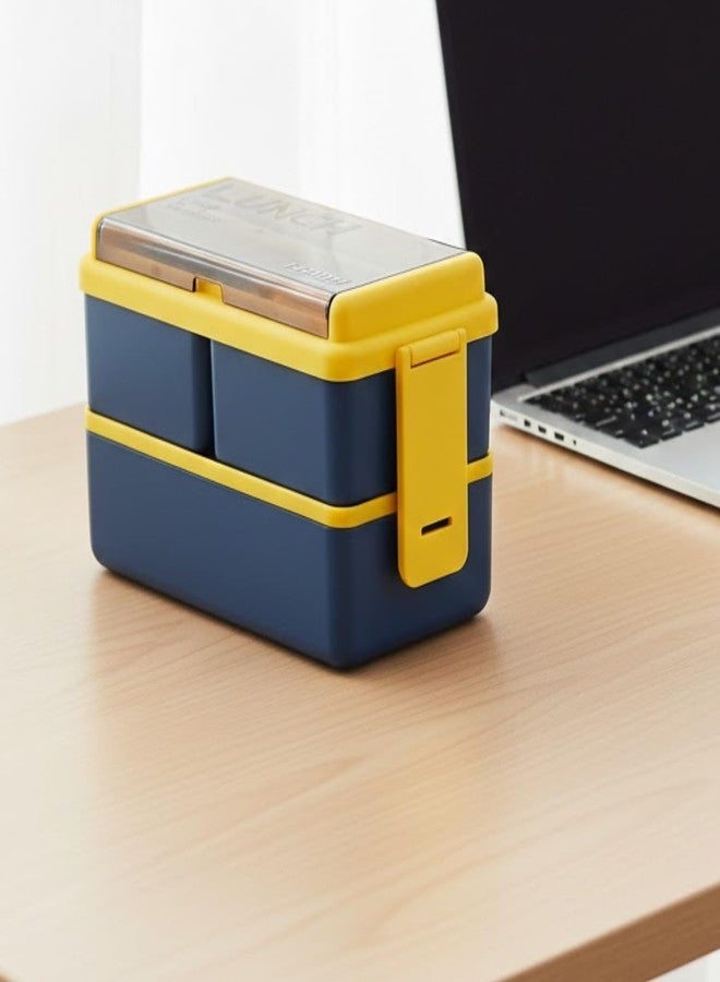 OMORTEX Rectangular 3 Section Lunch Box with Spoon and Fork Blue Plastic Food Container for Office School College Adults and Kids Daily Meal Tiffin Box with Compartments Pack of 1 - Image 4