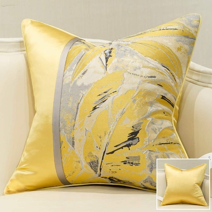 Square Cushion Covers High Precision Jacquard Modern Yellow Feathers Patchwork Throw Pillow Case Shell for Couch Sofa Home Decoration 18 X 18 Inches