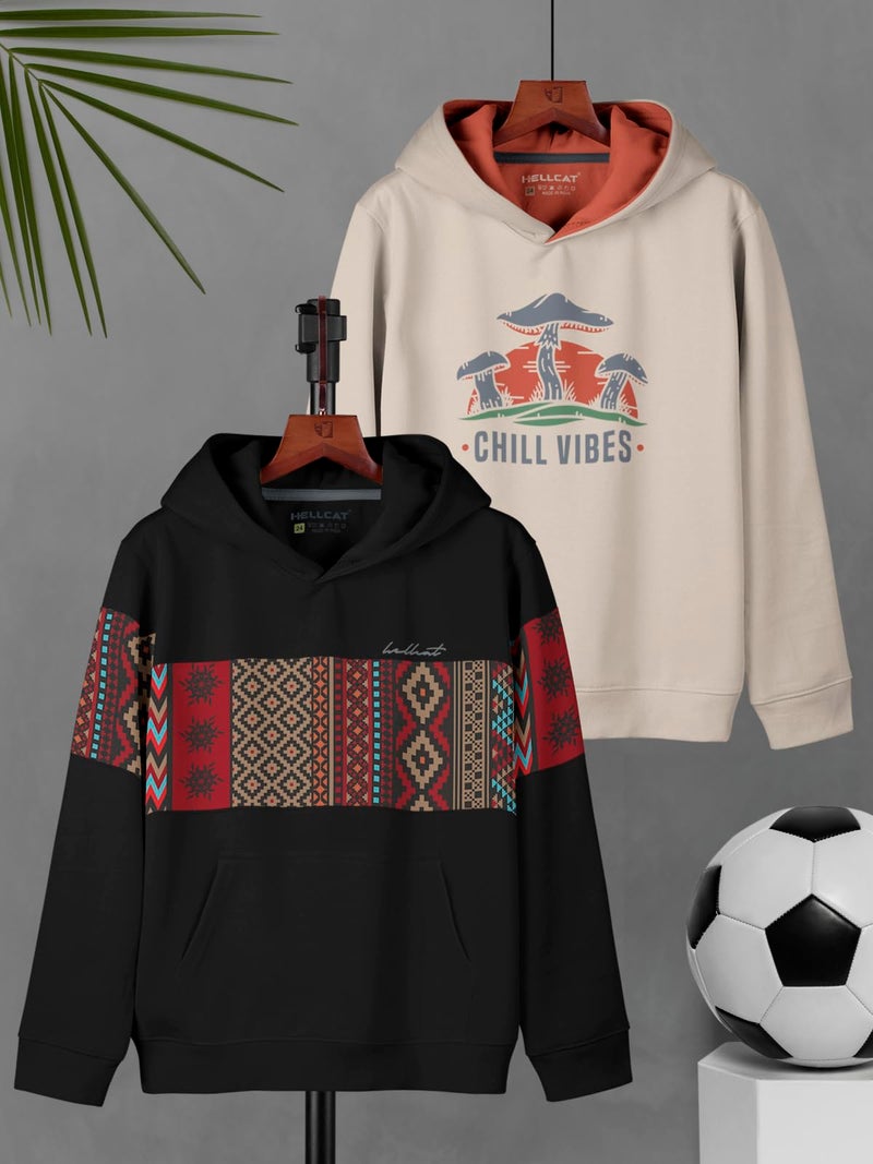 HELLCAT Printed Cotton Blend Hooded Neck Regular Fit Sweatshirt for Boys - Pack of 2 Black/Beige 3-4 Years - Image 2