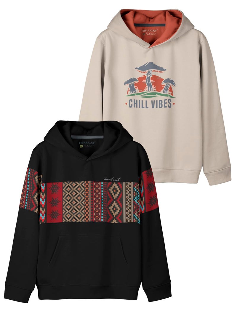 HELLCAT Printed Cotton Blend Hooded Neck Regular Fit Sweatshirt for Boys - Pack of 2 Black/Beige 3-4 Years - Image 1