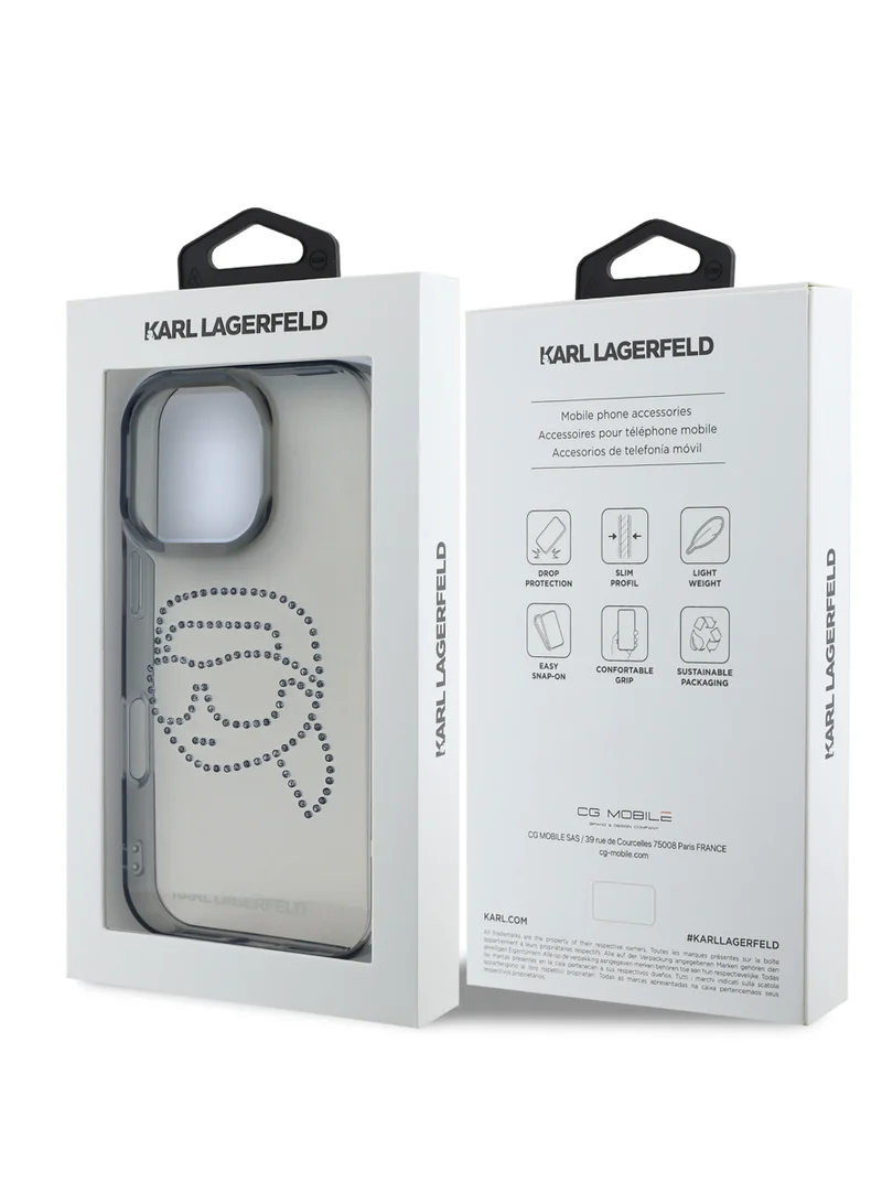 Karl Lagerfeld iPhone 16 Pro Max Case IML Hard Cover with Karl Head Stud Design Logo / Slim Profile/ Drop Protection/ Easy Snap-On - Black