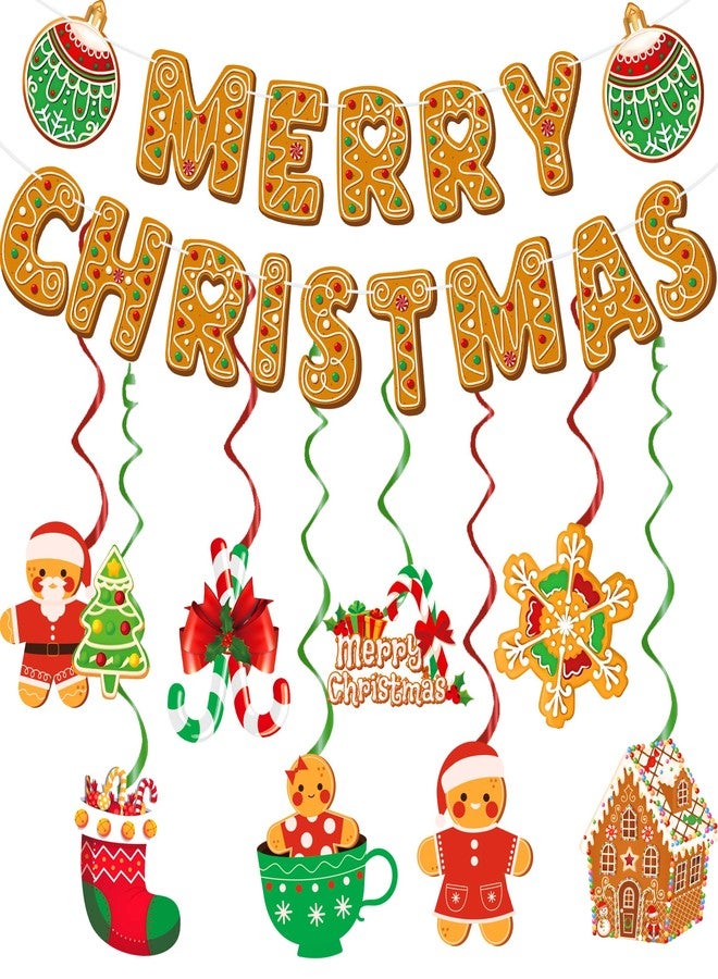 EUVBOKW Gingerbread Man Christmas Decorations Set with Merry Christmas Banner Hanging Swirls Garland and Ceiling Streamers for Xmas Holiday Party Supplies Home Office Fireplace Decoration - Image 1