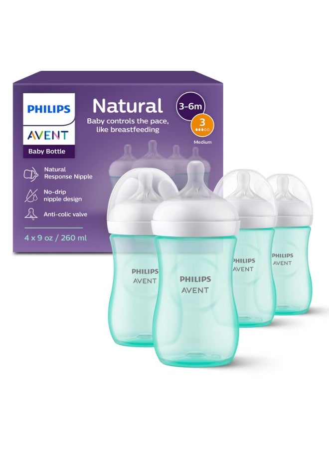 Philips Philips Avent Natural Baby Bottles with Natural Response Nipples (Medium Flow, Flow 3), 9oz, Teal, 4-Pack, SCY903/44 - Image 1