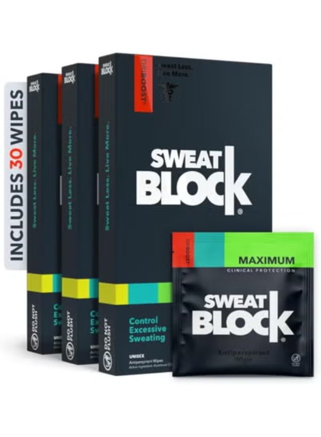 SweatBlock Antiperspirant Wipes - Maximum Clinical Strength - Treat Hyperhidrosis & Excessive Sweating for Men, Women, & Teens - up to 7 Days Protection Per Wipe - Dermatologist Tested - 30 Wipes
