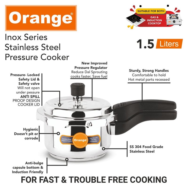 Orange وعاء ضغط صغير لطيف من الفولاذ المقاوم للصدأ مع غطاء خارجي من سلسلة أورانج إينوكس 1.5 لتر | مناسب للطهي بالحث | غطاء عميق للتحكم في الانسكاب | سمك قاعدة 2.5 مم | ضمان 5 سنوات | فضي - Image 3