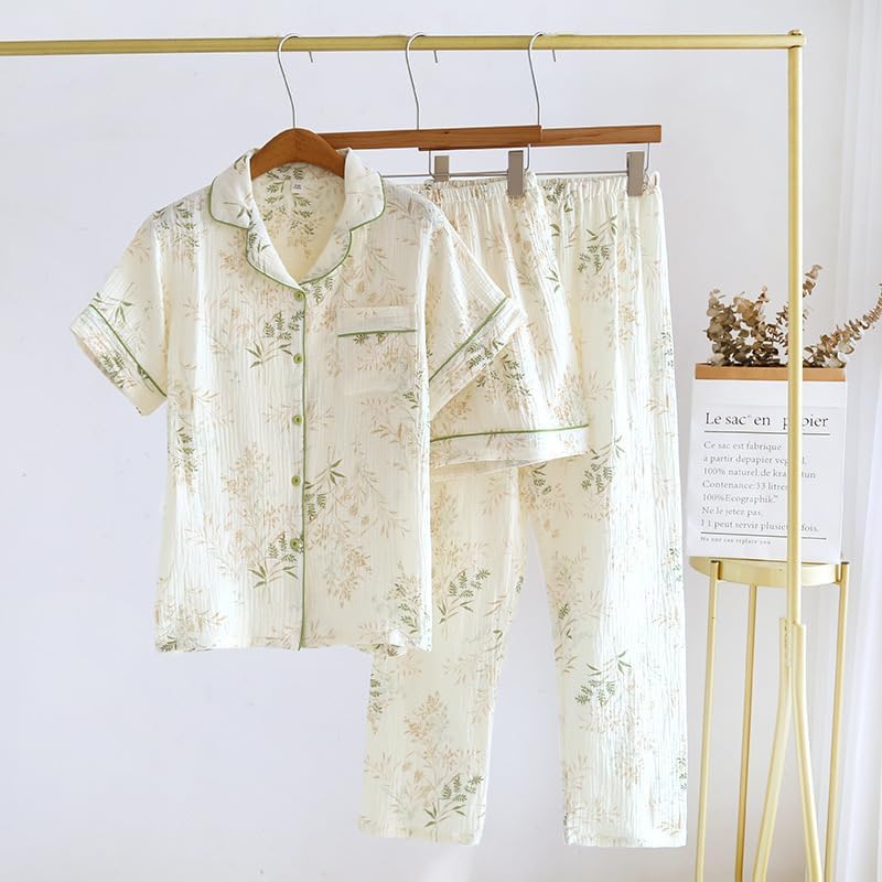 codcm Womens 3pcs Cotton Pajamas Set Short Sleeve Sleepwear Fruit Print Cute Pj Set with Long Pants(Flower04,Medium) - Image 3