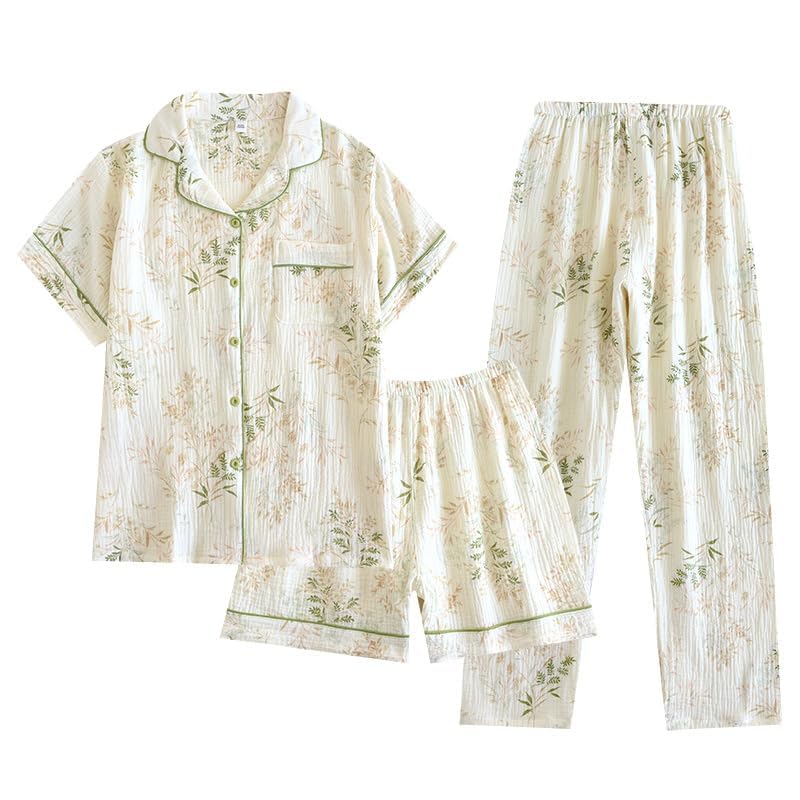 codcm Womens 3pcs Cotton Pajamas Set Short Sleeve Sleepwear Fruit Print Cute Pj Set with Long Pants(Flower04,Medium) - Image 1