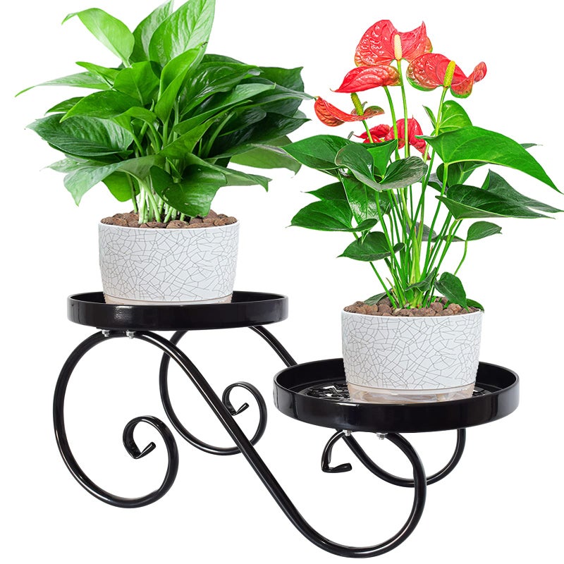 TLBTEK 2 tier Metal Plant StandBlack Round Potted Planter Stands Indoor Outdoor Multiple Modern Flower Pot Stand Holder Rack Display for HomeKitchenPatioGarden Corner Balcony and Bedroom