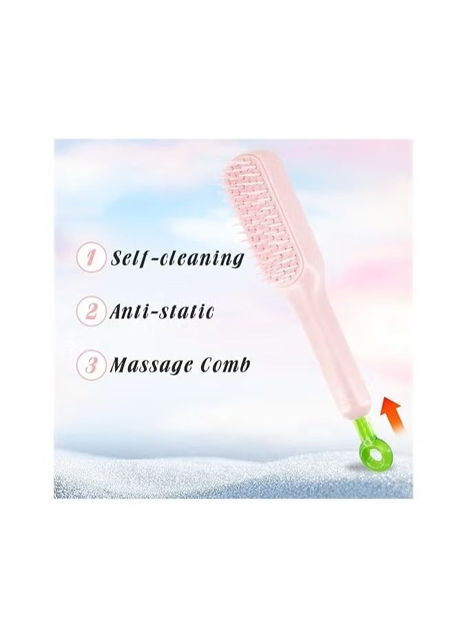 مشط تدليك مضاد للكهرباء الساكنة، فرشاة شعر مريحة وسهلة التنظيف الذاتي مثالية للنساء، مشط تدليك سريع التنظيف بسحب واحد، ميزة التنظيف الذاتي المبتكرة (وردى) - Image 1